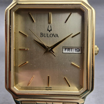 Bulova Watch Men 29mm Gold Dial Gold Tone Daydate Rectangle 97C28 New Battery1