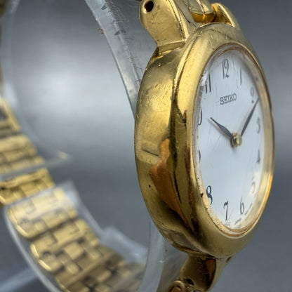 Seiko Watch Women 24mm White Dial Gold Tone Round 1N00-1E19 New Battery hKJh3
