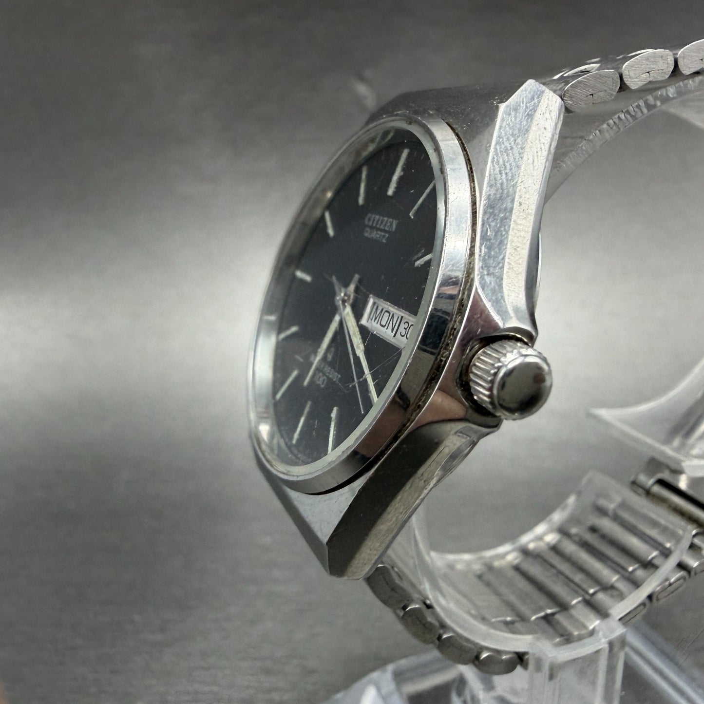 Citizen CQ Watch Men 35mm Black Dial Silver Tone Daydate Round 4-213581 PARTS3