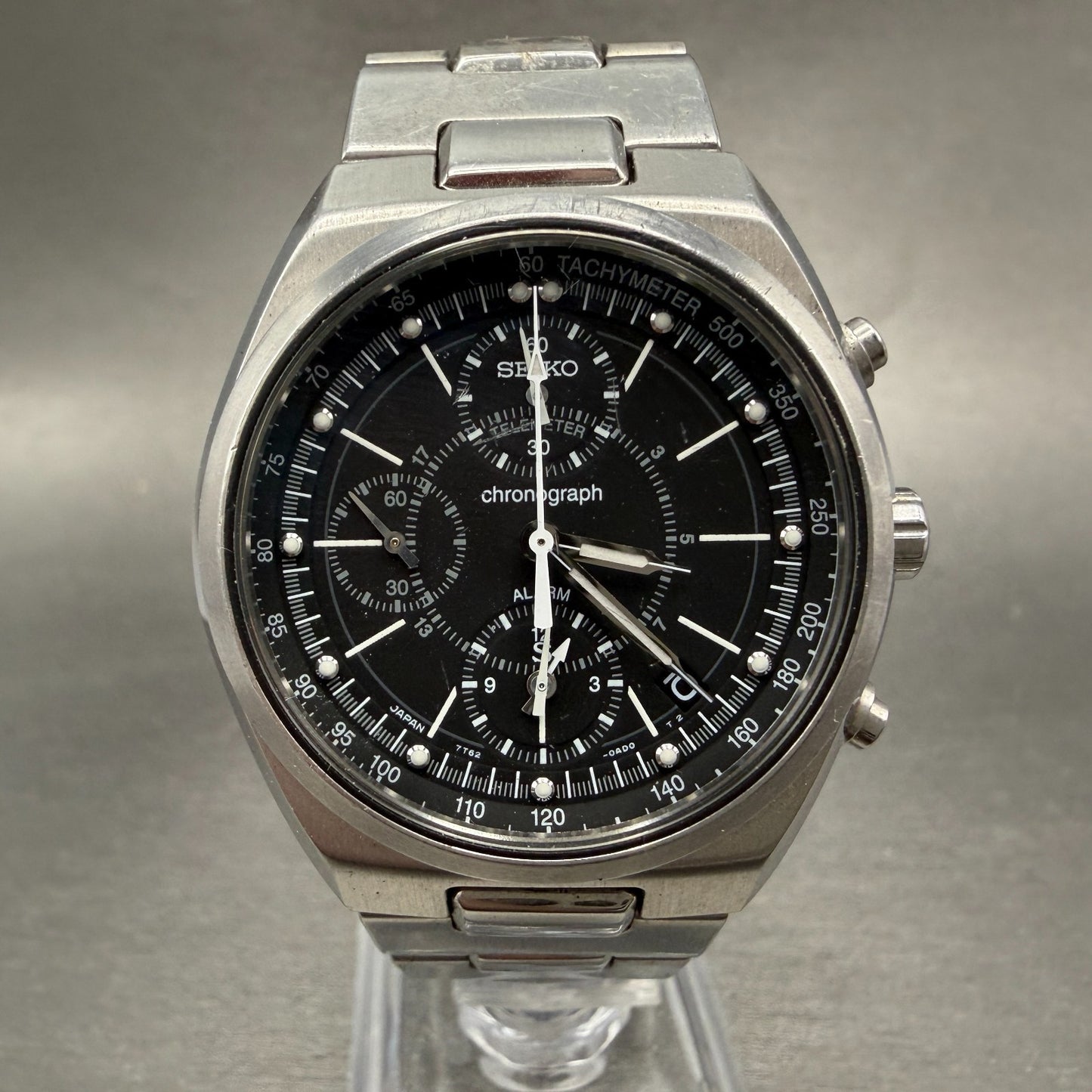 Seiko Chronograph Watch Men 36mm Black Dial Silver Tone Date 7T62-0AA0 PARTS0