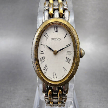 Seiko Watch Women 17mm White Dial Two Tone Oval Vintage V4001029 New Battery0
