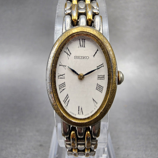 Seiko Watch Women 17mm White Dial Two Tone Oval Vintage V4001029 New Battery0