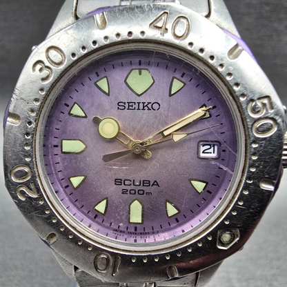 Seiko Scuba Watch Men 36mm Purple Dial Silver Date Round 7N35-6010 New Battery1