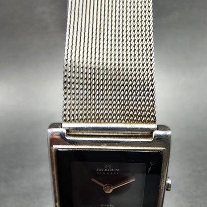 Skagen Tank Watch Women 23mm Black Dial Stainless Steel Rectangle New Battery