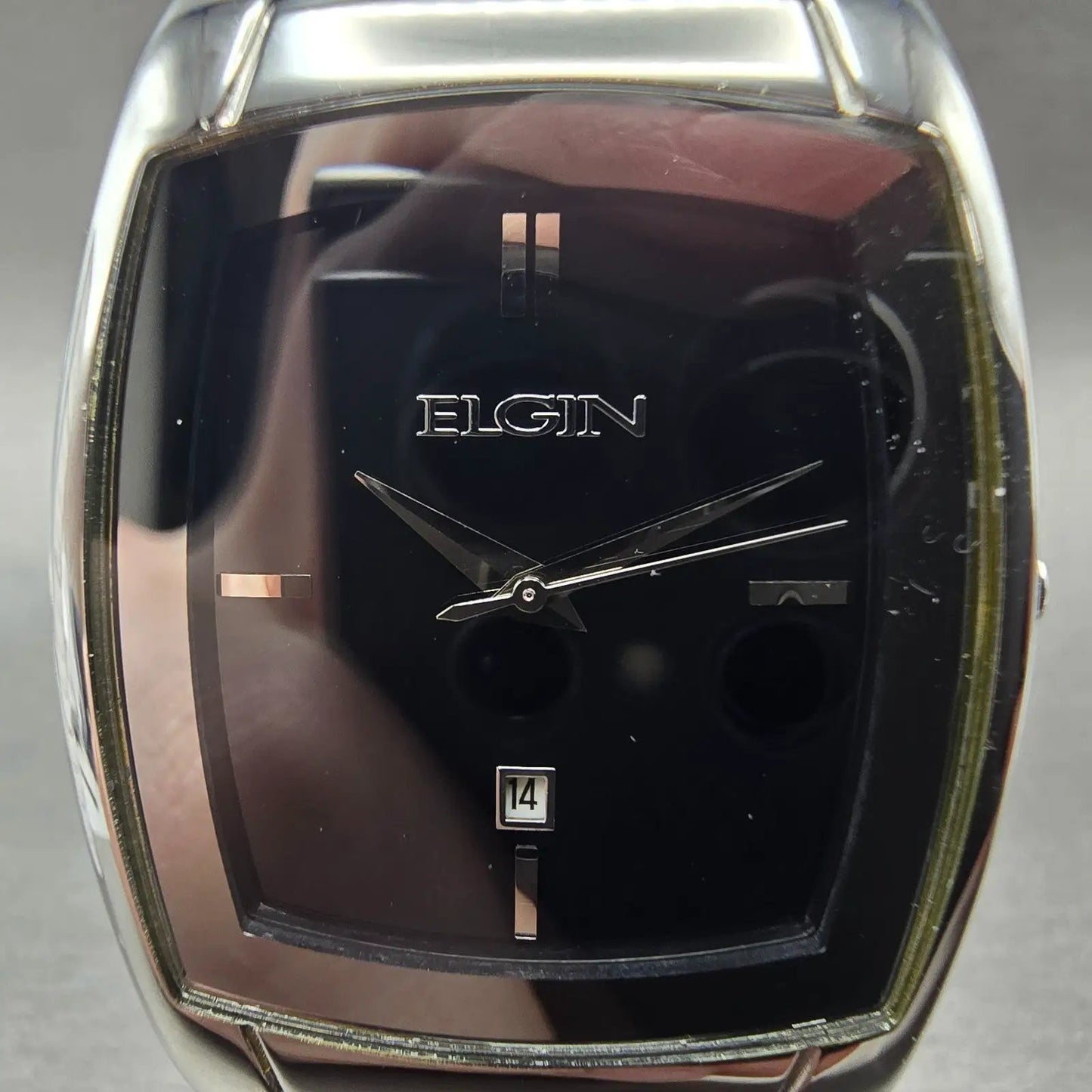Elgin Tank Watch Men 34mm Black Dial Silver Tone Date Rectangle EG453 NewBattery1