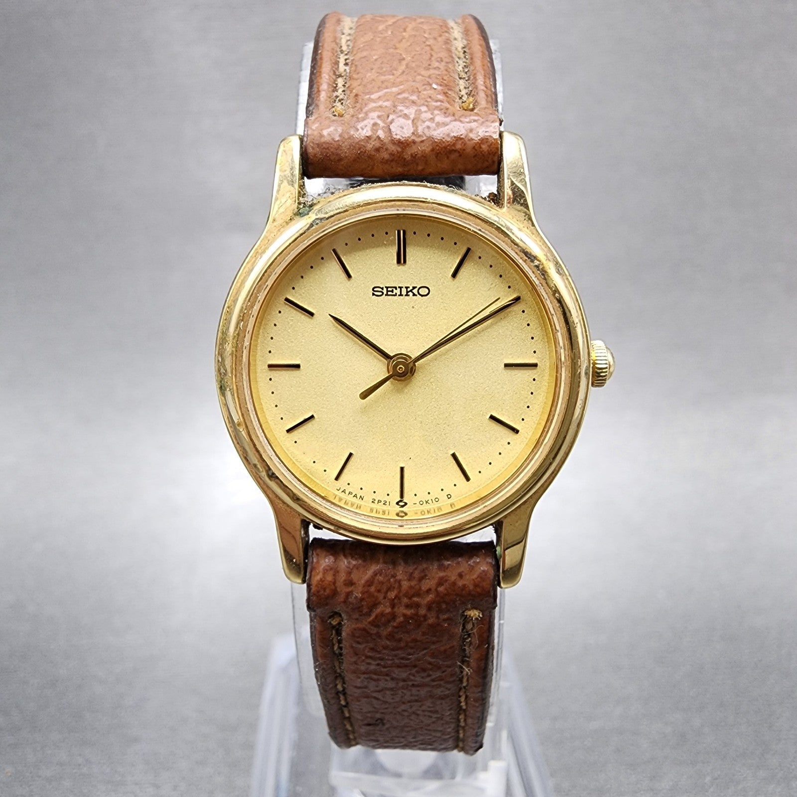 Seiko Watch Women 23mm Champagne Dial Gold Tone Round 2p210a9a New Battery0