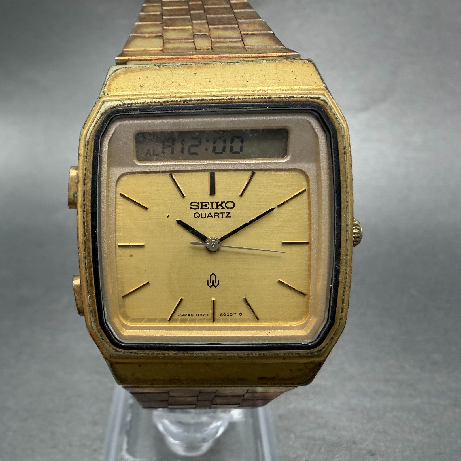 Seiko Analog Digital Watch Men 31mm Gold Tone Alarm Chrono H357-5000 PARTS0