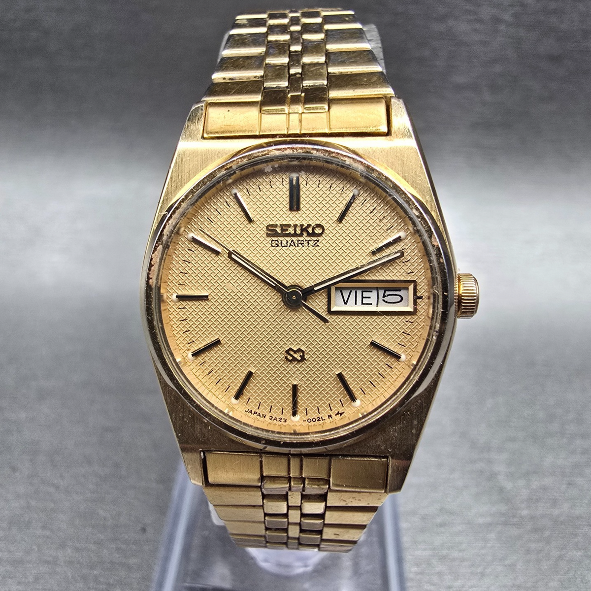 Seiko SQ Watch Women 23mm Gold Dial Gold Tone Daydate Round 2A23-0029 New Batt0