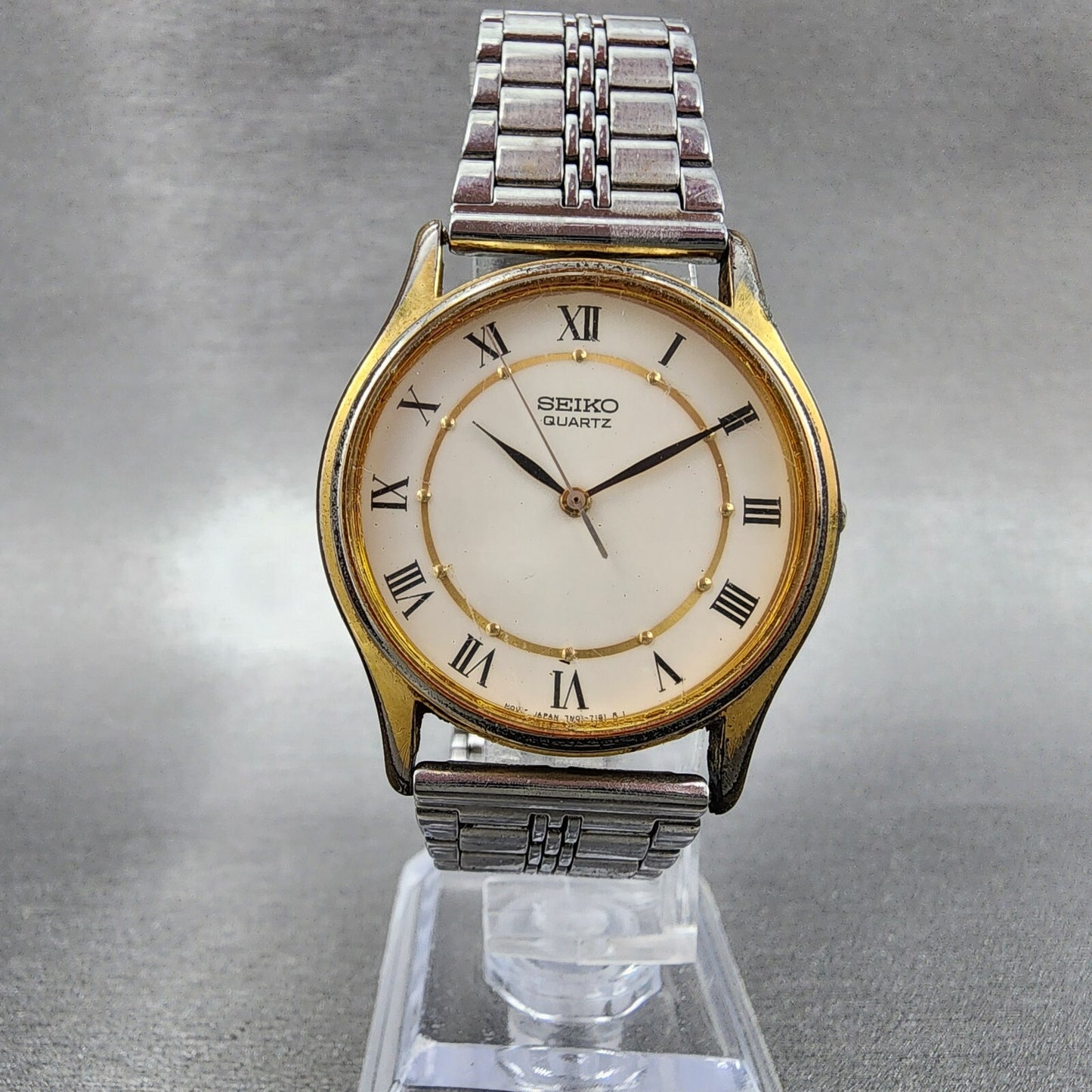 Seiko Watch Men 32mm White Dial Gold Tone Round 7N017041 New Battery VTG5