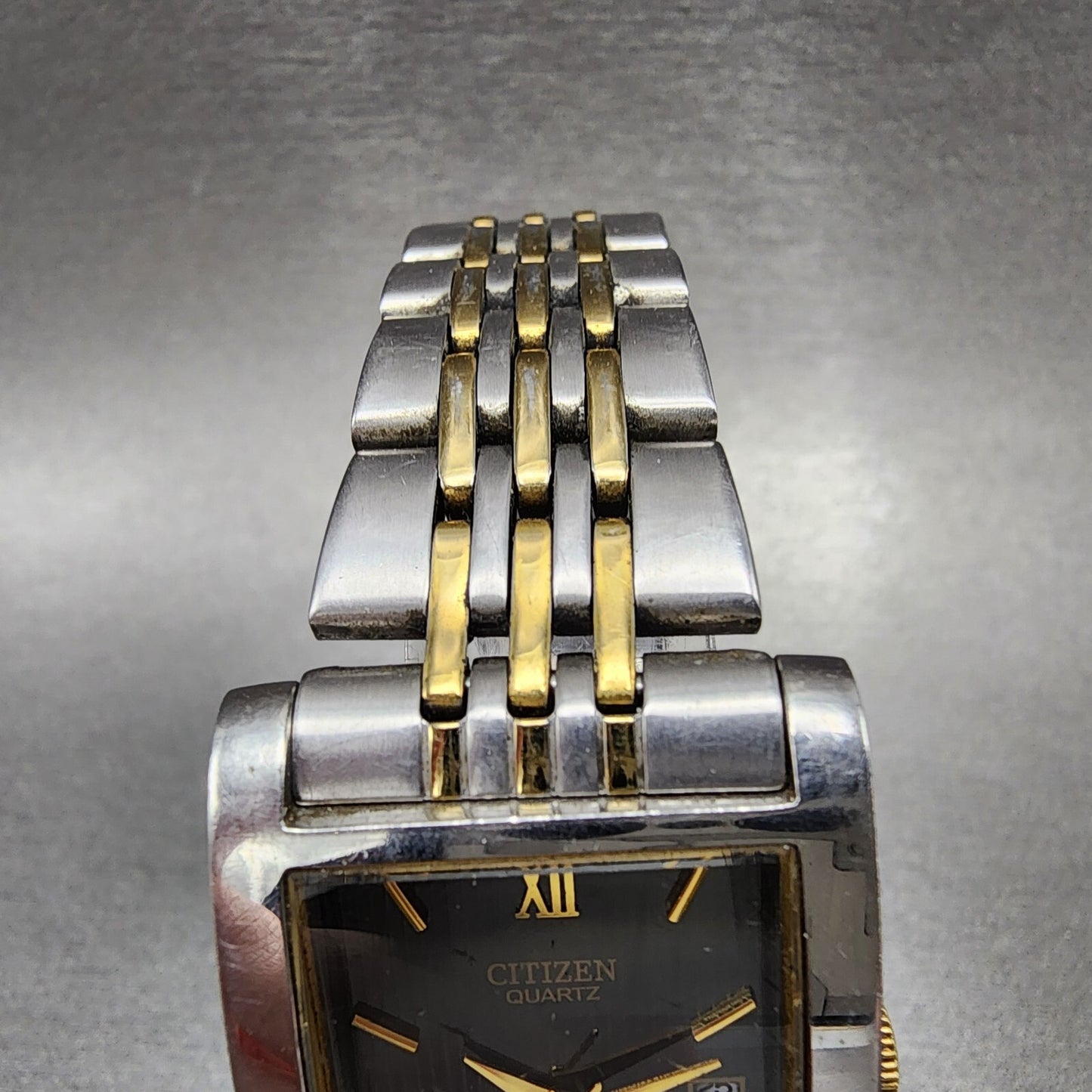 Citizen Tank Watch Men 27mm Black Dial Two Tone Date Rectangle New battery