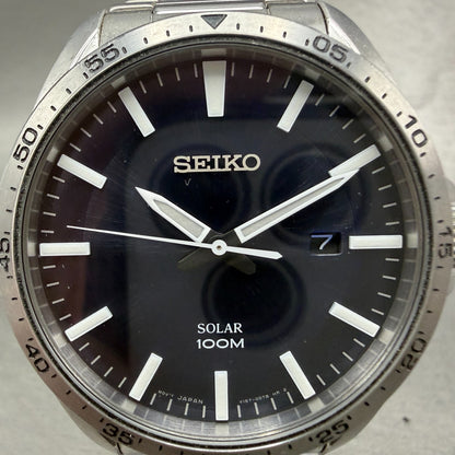 Seiko Solar Watch Men 42mm Blue Dial Silver Tone Date Round V157-0CP0 Runs1