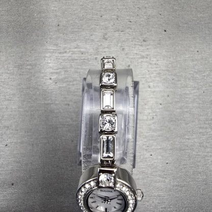 Bulova Watch Women 17mm Silver Dial Silver Tone Gemmed Oval 96T49 New Battery4