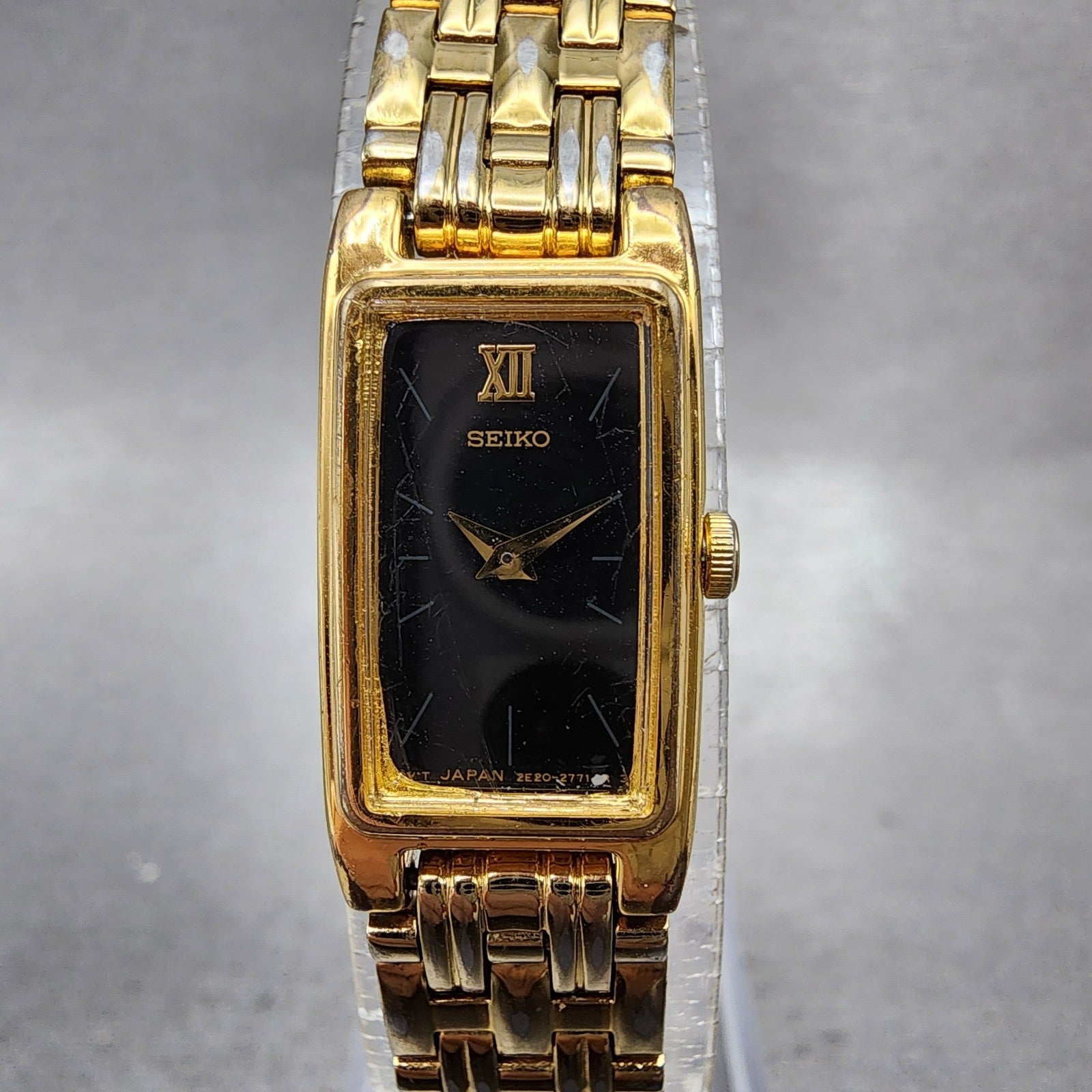 Seiko Tank Watch Women 13mm Black Dial Gold Tone 2e207021 New Battery ABC120