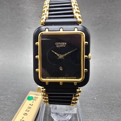 Citizen CQ Tank Watch Men 25mm Black Dial Black & Gold Tone 3620-895550 New Batt0