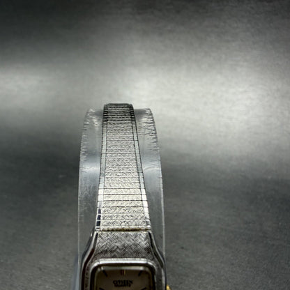 Citizen CQ Tank Watch Women 14mm Champagne Dial Silver Tone Rectangle New Batt4