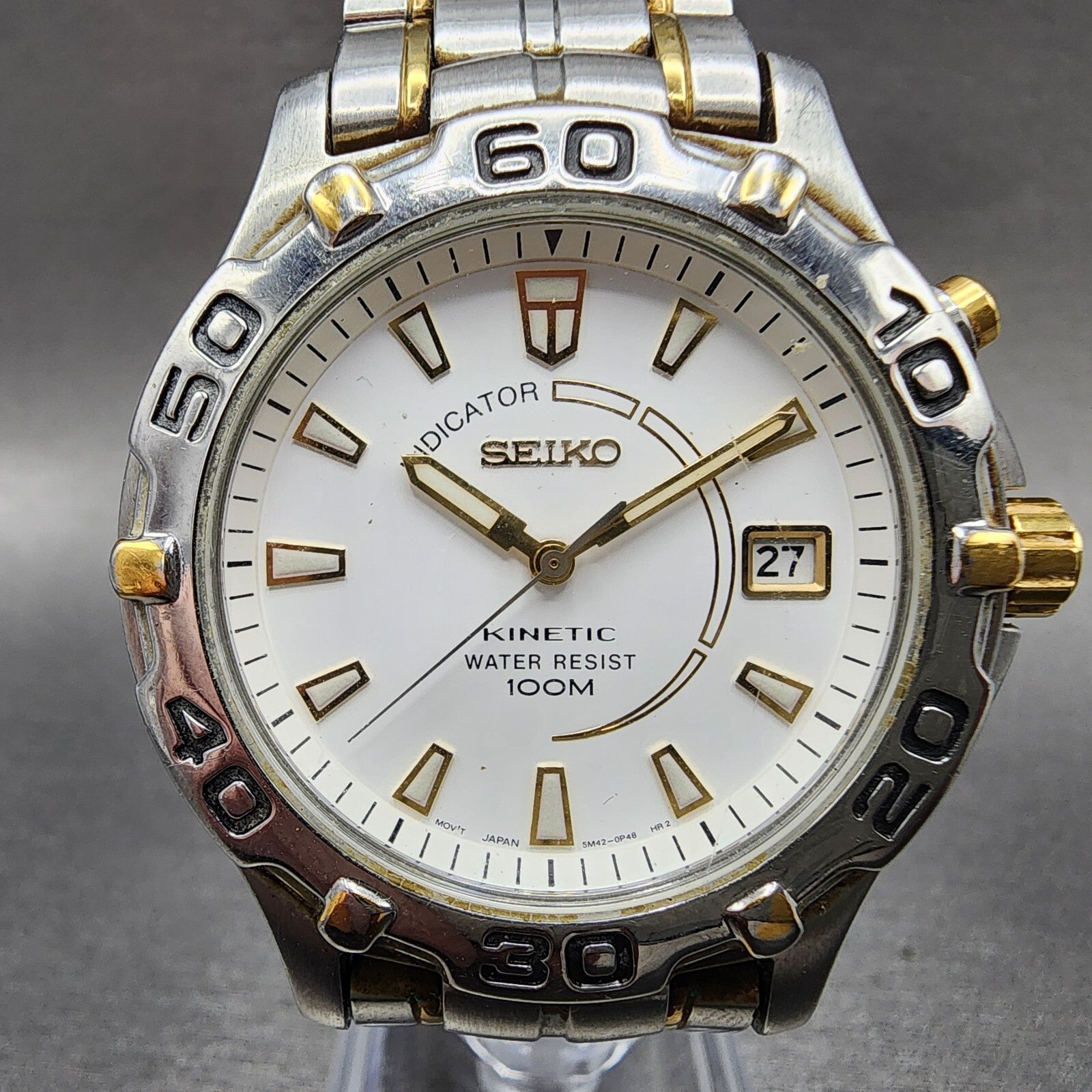 Seiko Kinetic Watch men 38mm White Dial Two Tone Date Round 5M420M09 PARTS2
