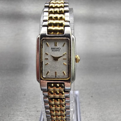 Seiko Tank Watch Women 15mm Silver Dial Two Tone Rectangle 1N00-5A99 New Battery0