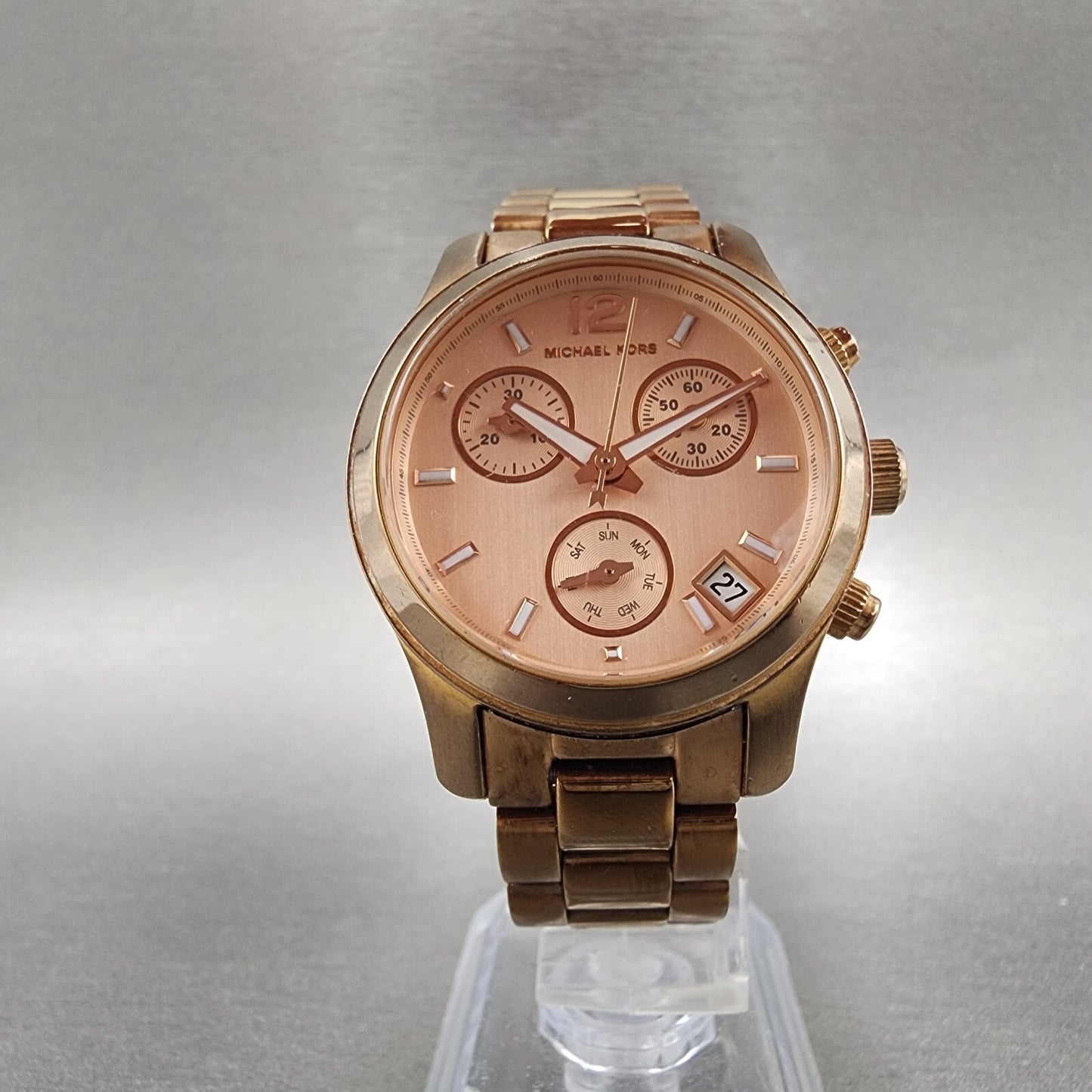 Michael Kors Runway Chronograph Watch Women 33mm Rose Dial Rose Gold Tone NewBat5