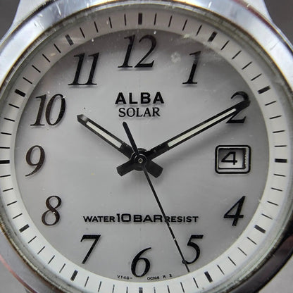 Seiko Alba Solar Watch Men 35mm White Dial Silver Tone Date V145-0BG0 Runs1
