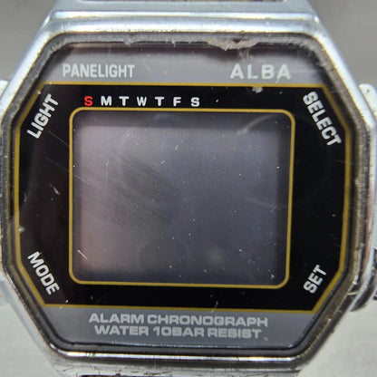 Seiko Alba Digital Watch Men 36mm LCD Silver Alarm Chrono Octagon W136-4A20 PART2