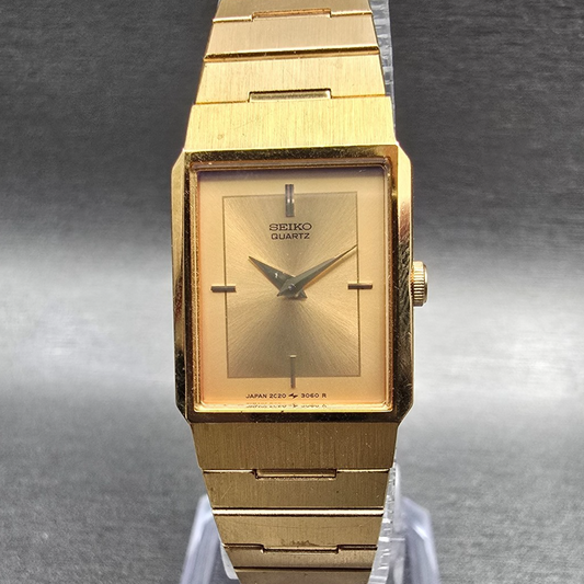 Seiko Tank Watch Women 18mm Gold Dial Gold Rectangle 2C20-6480 New Battery VTG0