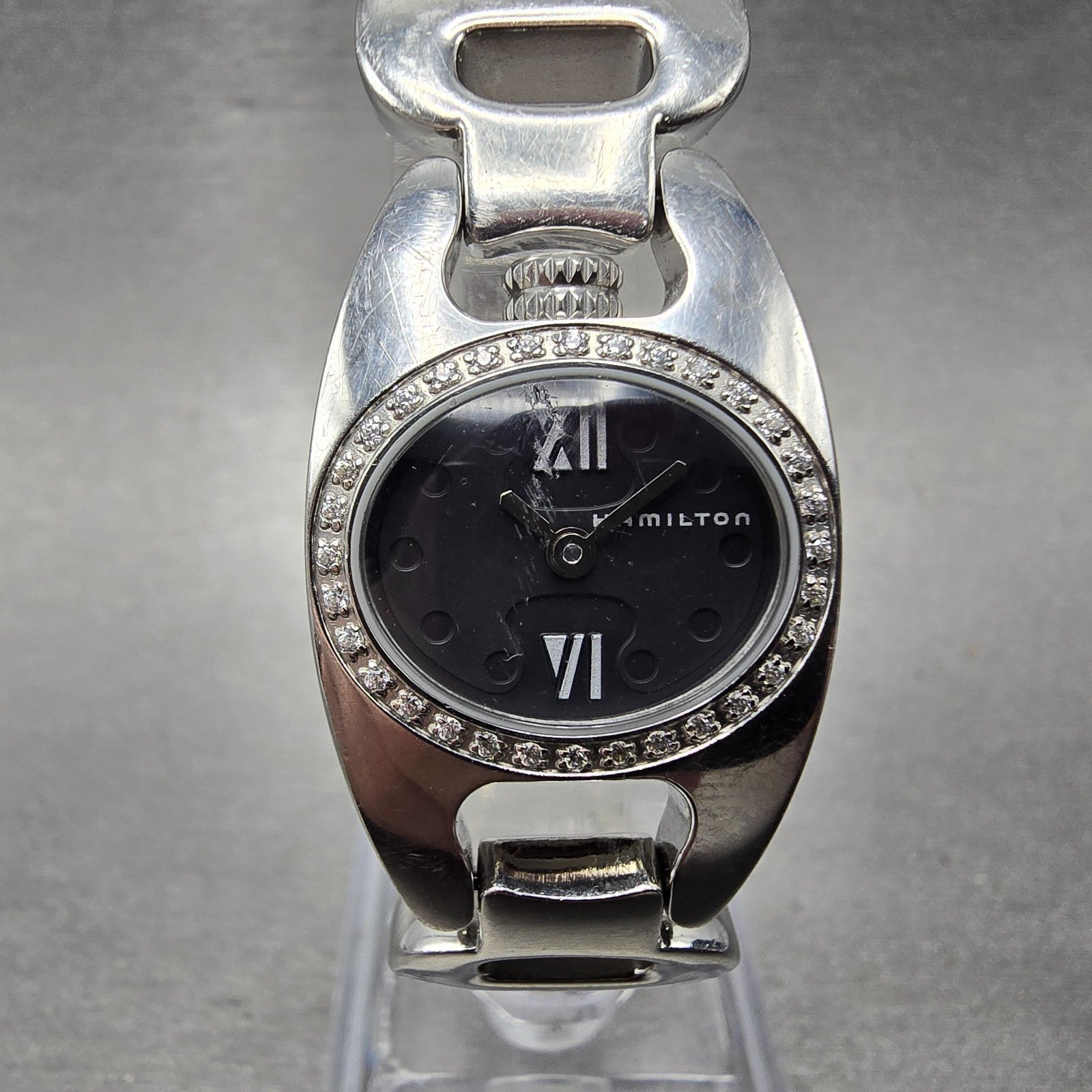 Hamilton Marylin Watch Women 21mm Black Dial Steel Diamond Bezel Oval New Batt0