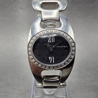 Hamilton Marylin Watch Women 21mm Black Dial Steel Diamond Bezel Oval New Batt0
