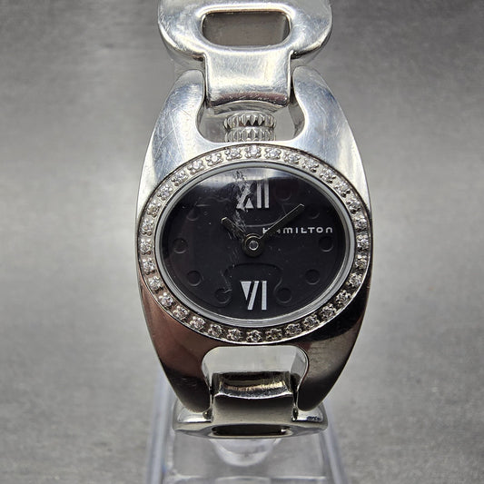 Hamilton Marylin Watch Women 21mm Black Dial Steel Diamond Bezel Oval New Batt0