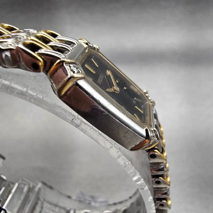 Seiko Watch Women 16mm Black Dial Two Tone Rectangle 1N00-0BK0 New Battery VTG3