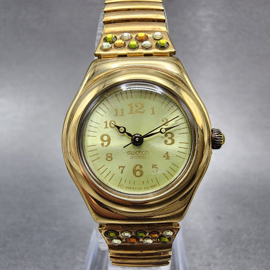 Swatch Irony FLORA Watch Women 25mm Champagne Dial Roes Gold Tone Round New Batt