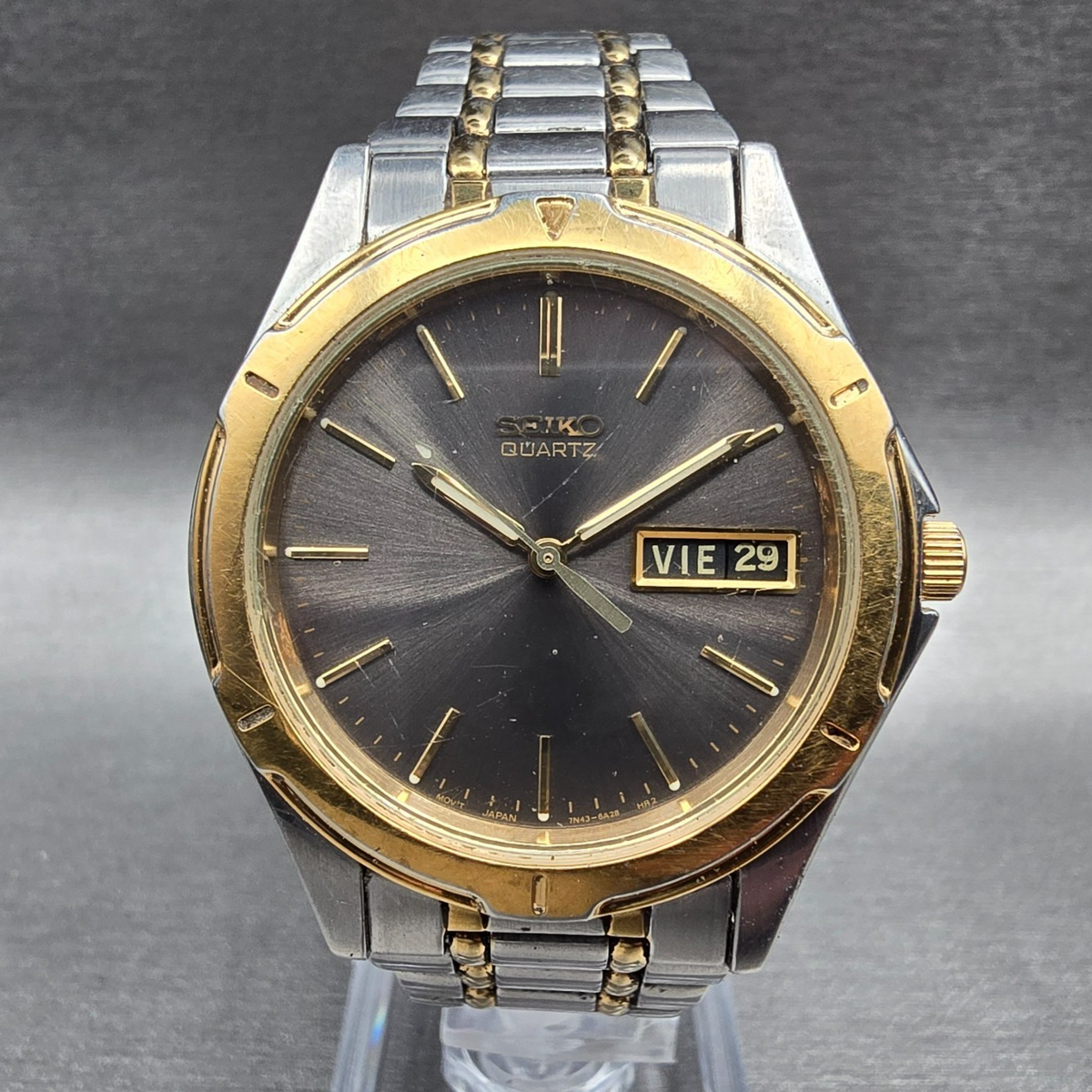 Seiko Watch Men 35mm Gray Dial Two Tone Daydate Round 7N43-6A09 New Battery JP0