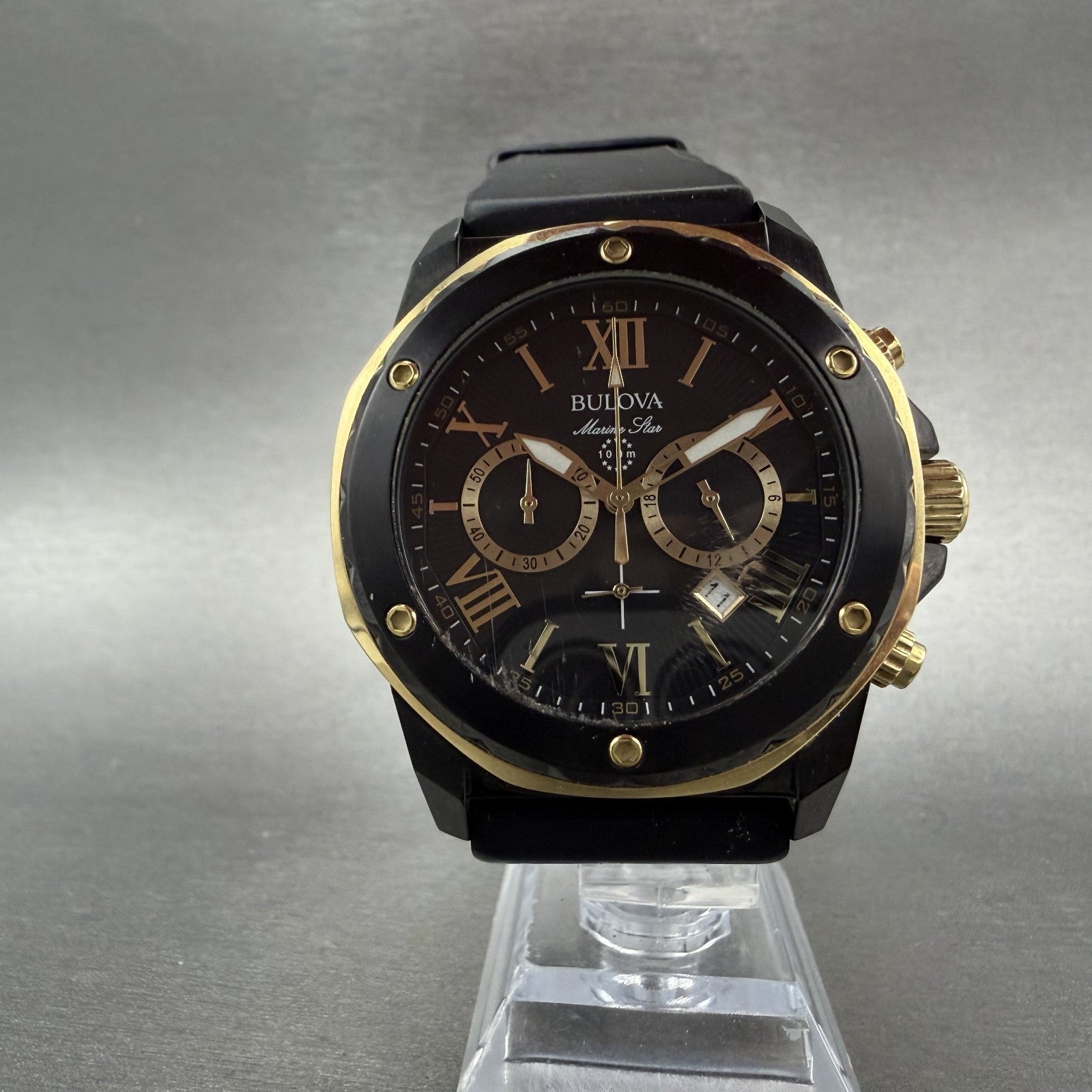 Bulova Marine Star Chronograph Watch Men 45mm Black Dial Black Date 98B278 Works5