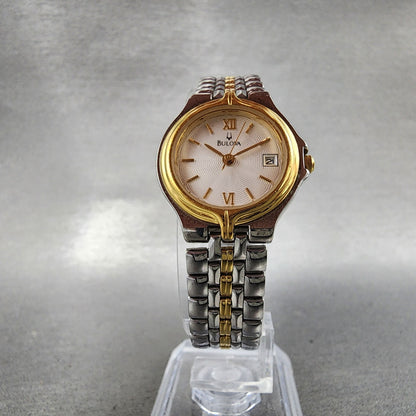 Bulova Watch Women 24mm White Dial two Tone Date Round 98M02 New Battery5