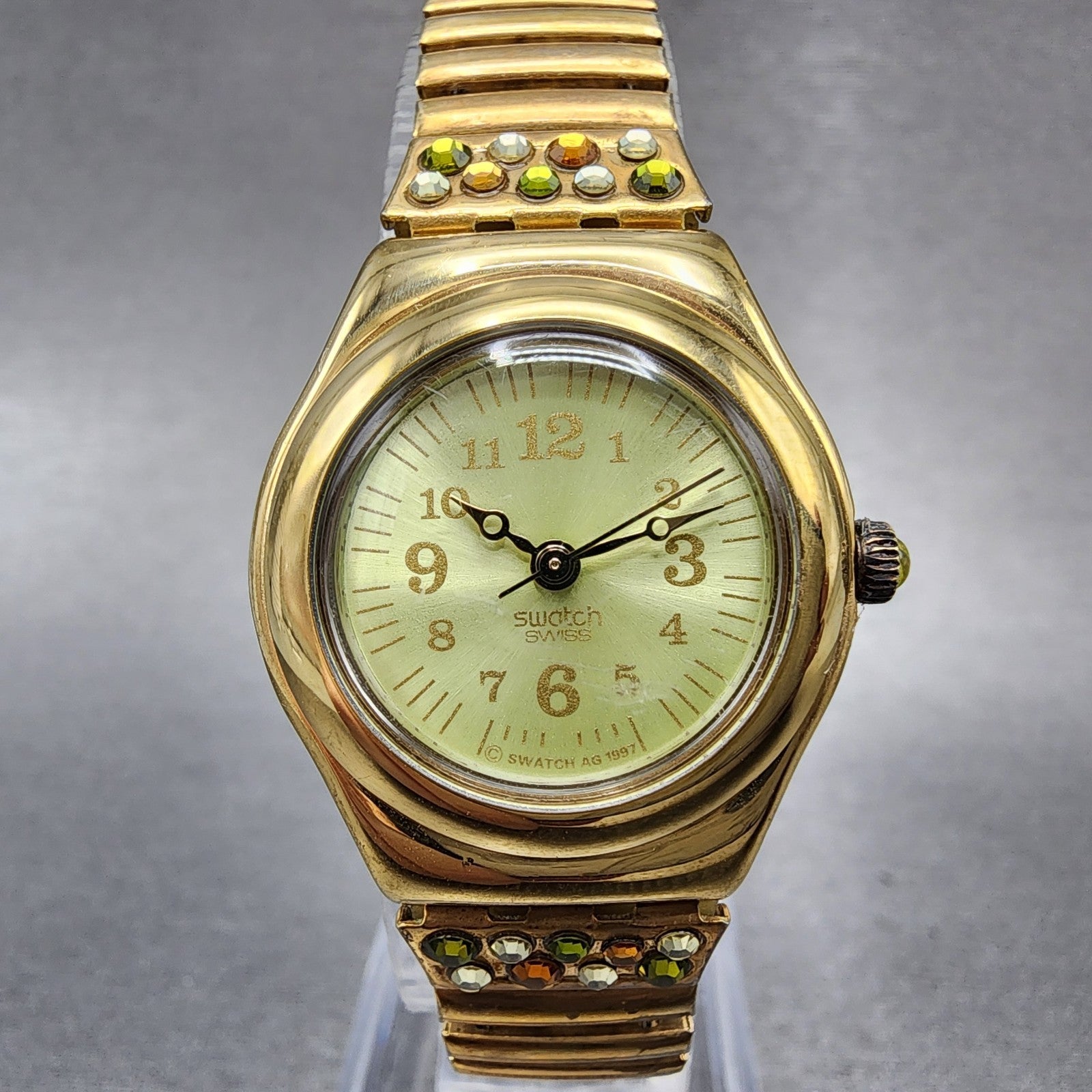 Swatch Irony FLORA Watch Women 25mm Champagne Dial Roes Gold Tone Round New Batt0