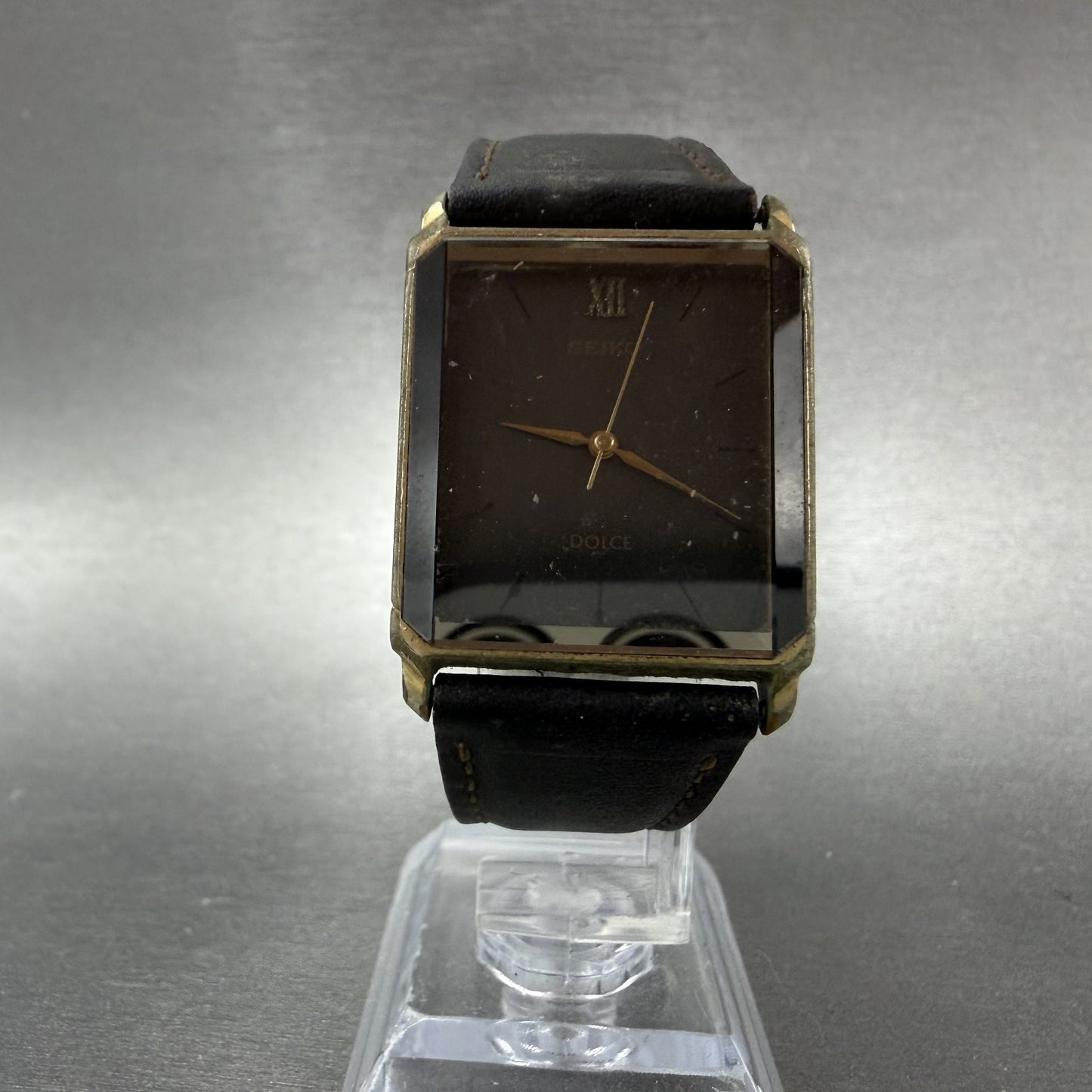 Seiko Dolce Tank Watch Men 26mm Black Dial Gold Tone Rectangle 5E31-5B90 PARTS6