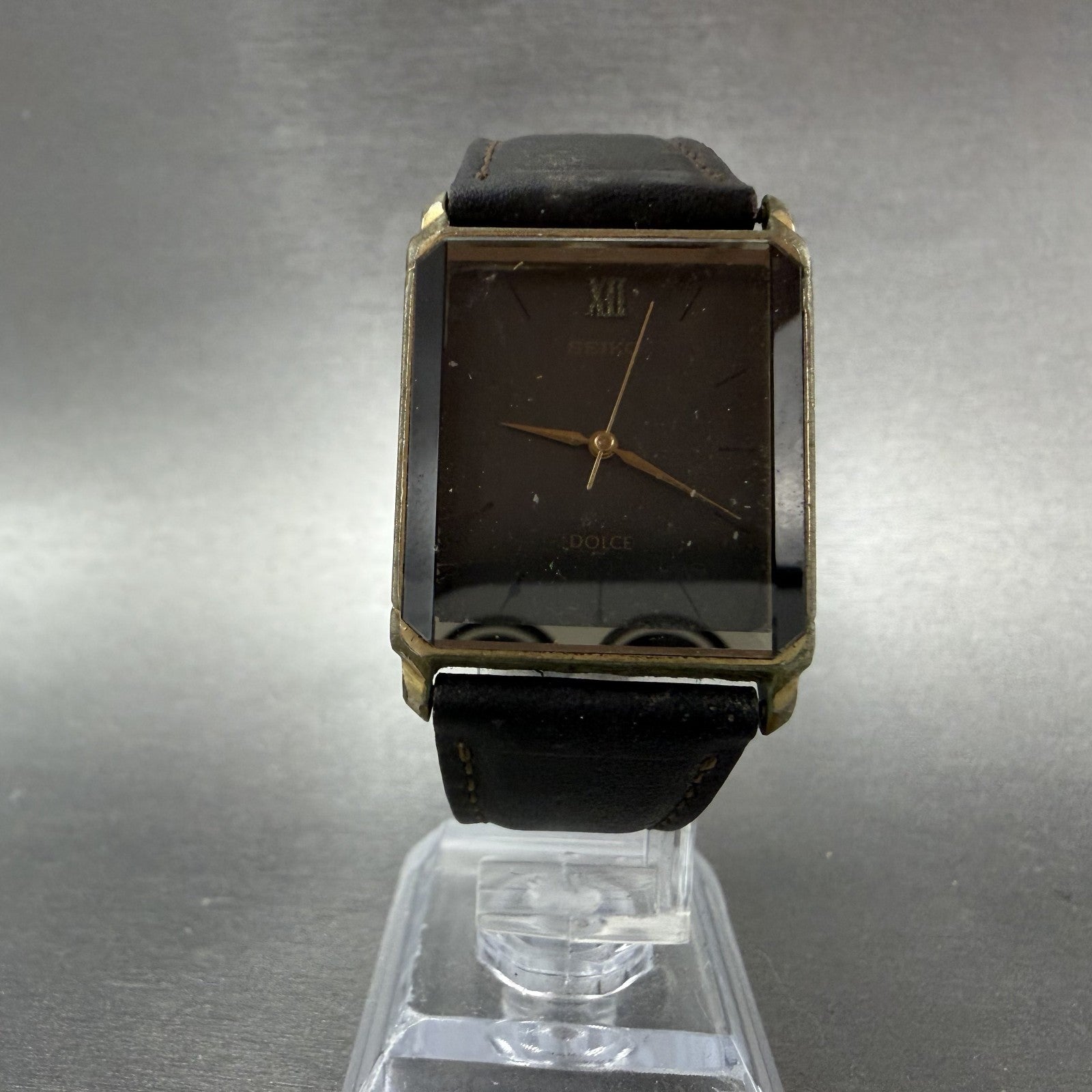 Seiko Dolce Tank Watch Men 26mm Black Dial Gold Tone Rectangle 5E31-5B90 PARTS6