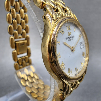 Raymond Weil Watch Women 24mm White Dial Gold Tone Date Round 5368 New Battery3