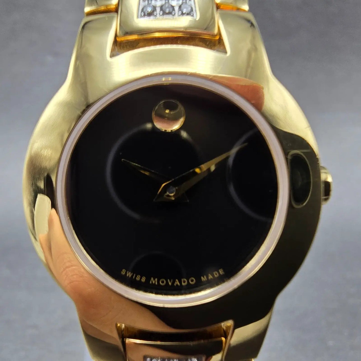 Movado Amorosa Watch Women 24mm Black Dial Gold Diamond Accents New Battery JKJ1