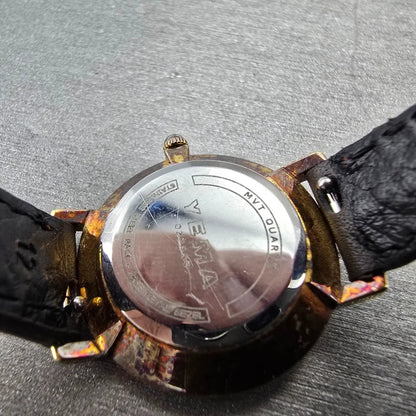 Yema Watch Women 25mm Blue Dial Gold Tone Round Leather Band New Battery9