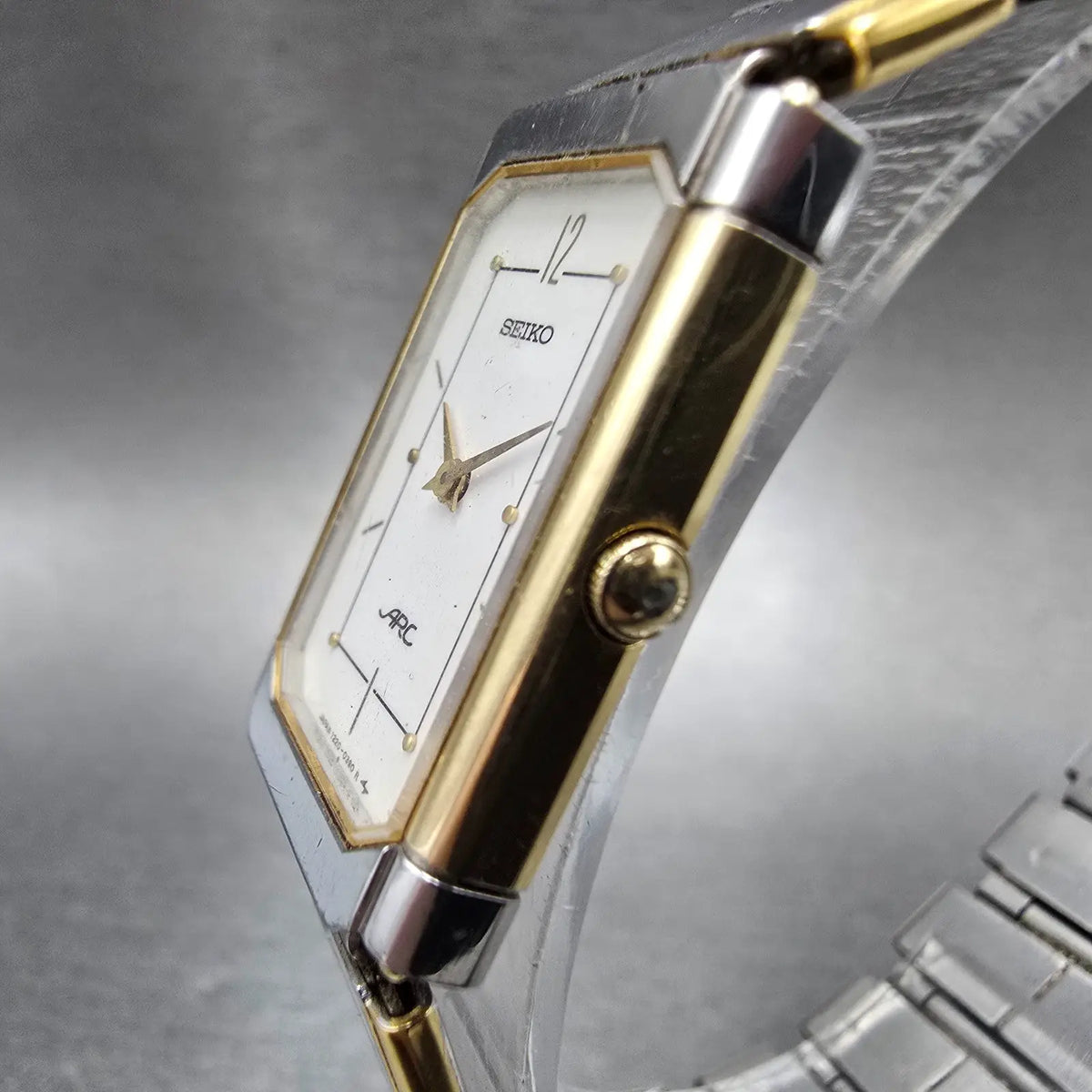 Seiko ARC Tank Watch Men 20mm White Dial Two Tone Rectangle 1220-5220 VTG PARTS3
