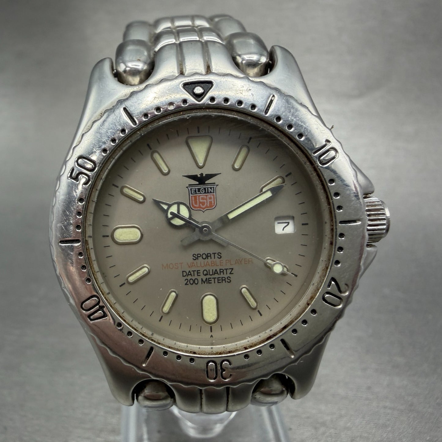 Elgin Dive Watch Men 36mm Silver Dial Silver Tone Date READ!! FK-376 New Battery0