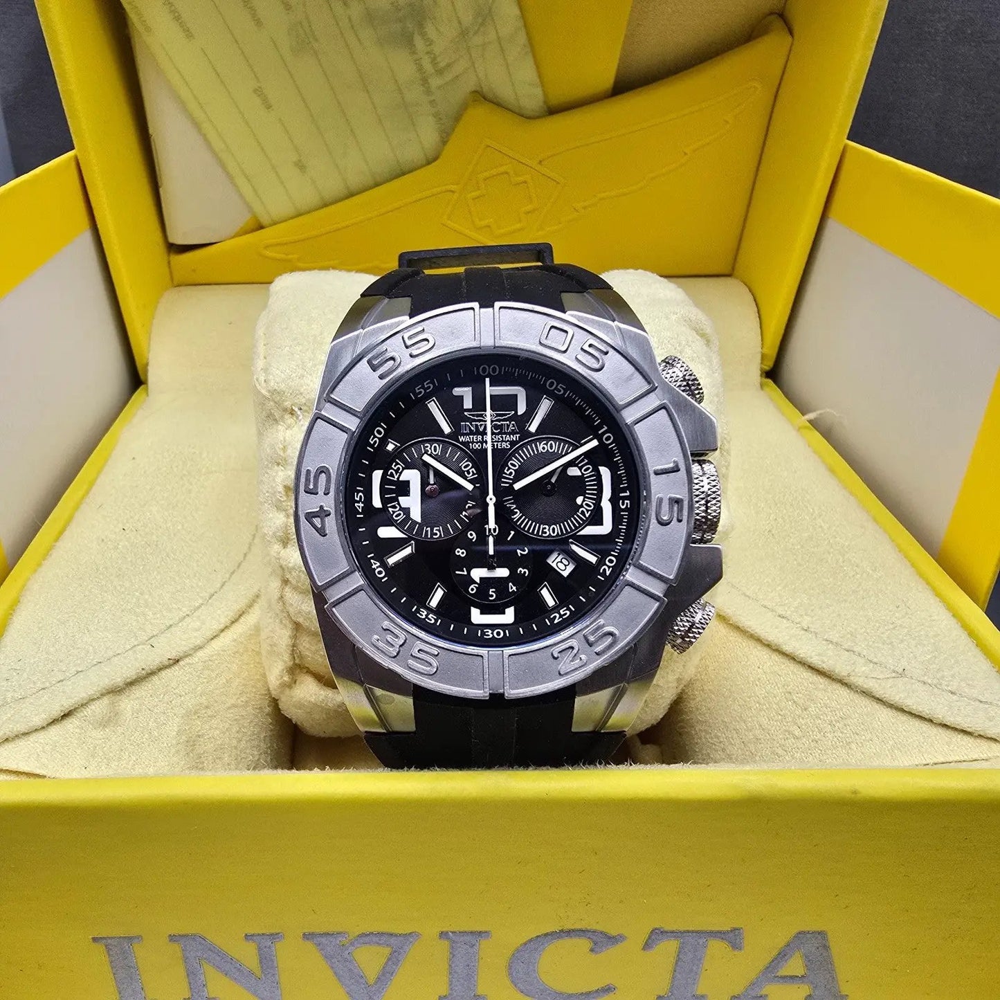 Invicta Chronograph Dive Watch Men 44mm Black Dial Silver Tone 1608 New BatteryL0
