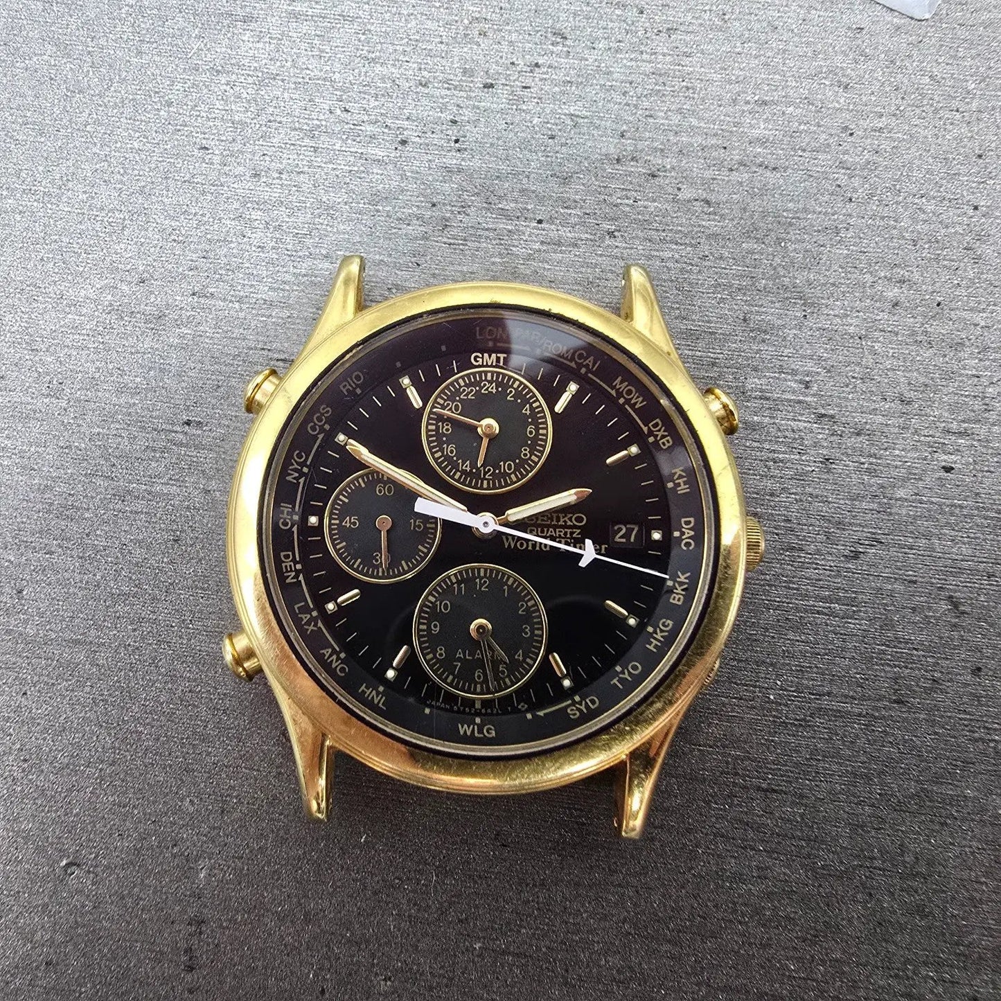 Seiko World Time Watch Men 37mm Black Dial Gold Tone Alarm Date 5T52-6A39 PARTS70