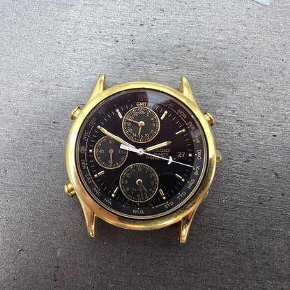 Seiko World Time Watch Men 37mm Black Dial Gold Tone Alarm Date 5T52-6A39 PARTS70