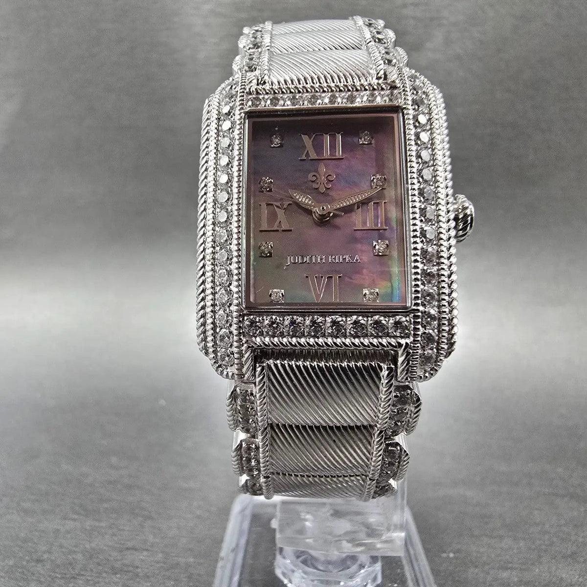 Judith Ripka Tank Watch Women 25mm MOP Dial Silver Tone Crystal Bezel New Batt5