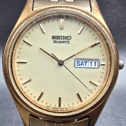 Seiko Watch Men 37mm Luminous Dial Gold Tone Daydate Round 7N43-9048 New Batt JP1