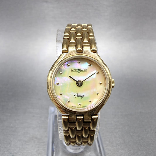 Wittnauer Watch Women 21mm MOP Dial Gold Tone Round MU3125 5000 New Batttery0