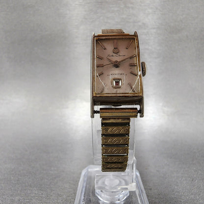 Seiko Chorus Tank Watch Women 17mm Silver Dial Gold Tone Date Manual 2107-3140