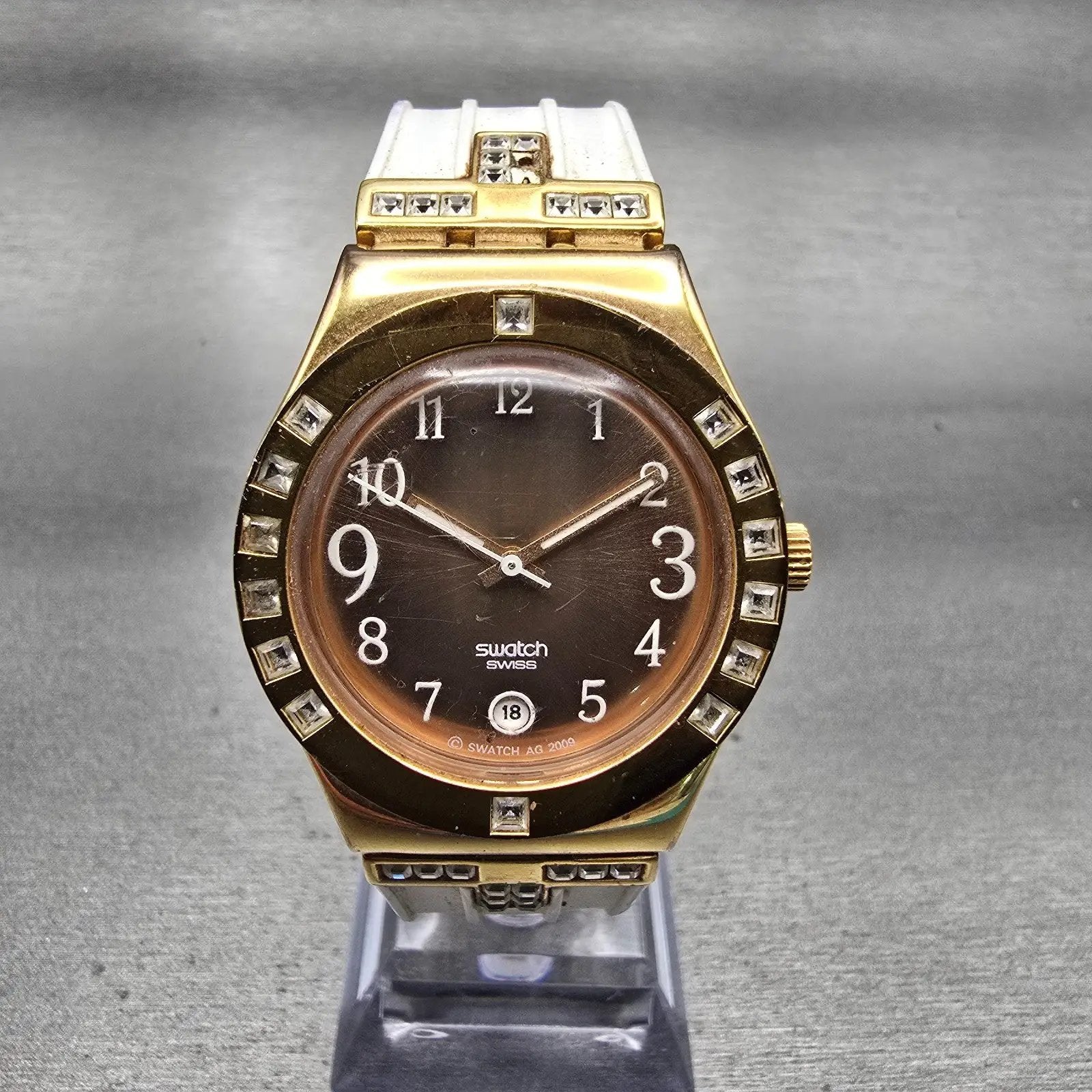 Swatch Irony Fancy Me Watch Women 33mm Gold Dial Rose Gold Date READ!!! New Batt0