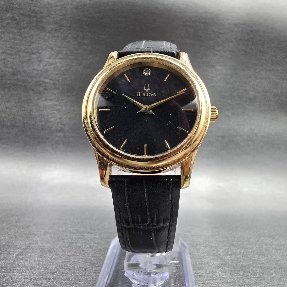 Bulova Watch Women 30mm Black Dial Gold Tone Diamond Accent Round 97Y01 New Batt5